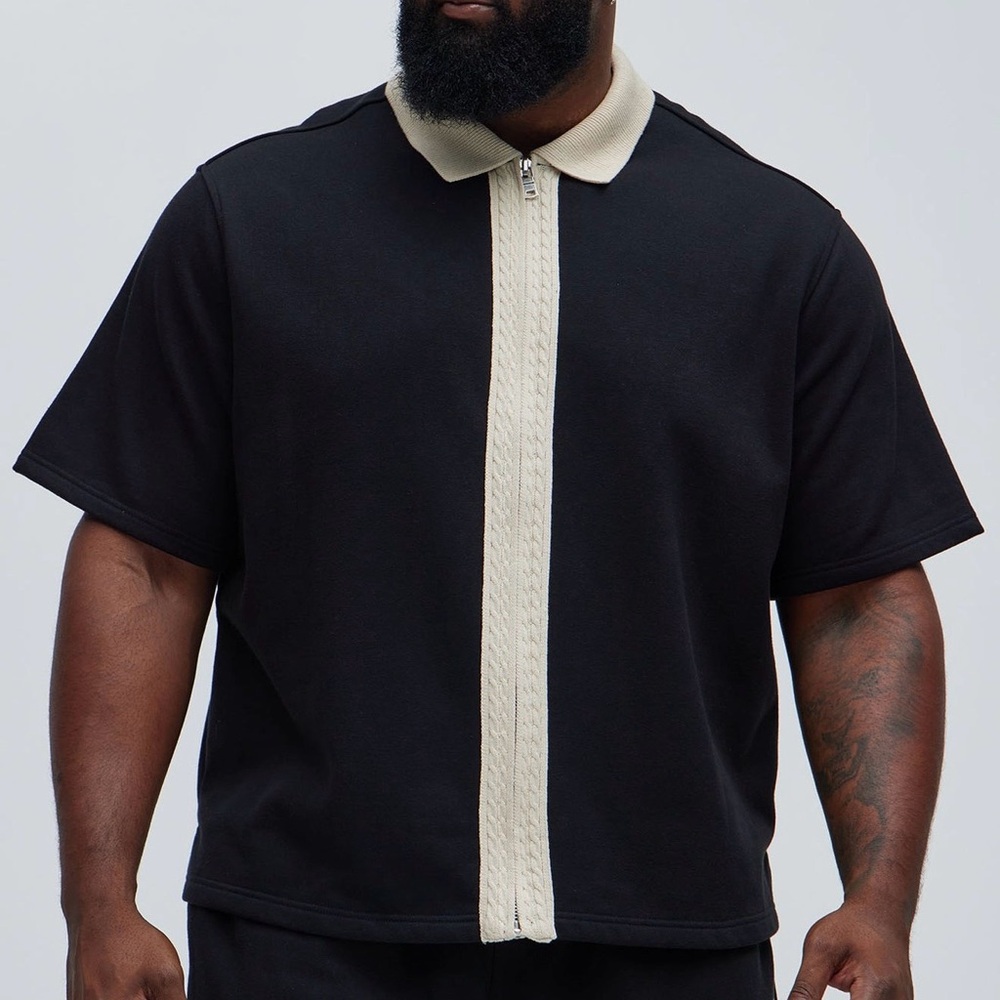 Fashion Nova Black Polo with Cream Zip-Trim Collar